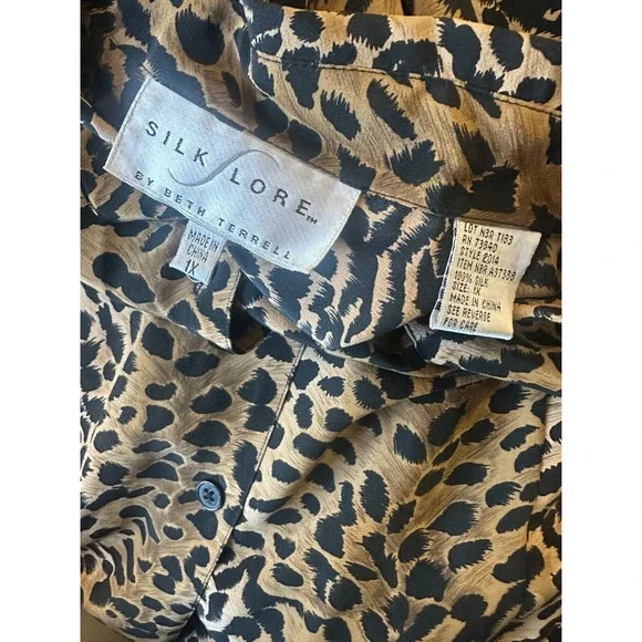 Vtg Silk Lore Beth Terrell Silk Cheetah Animal Print Button Blouse Plus Size 1X - Picture 3 of 10